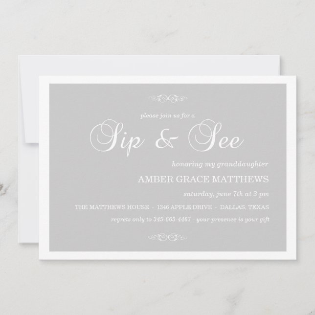 Convite Gray & White Damask Sip And See (Frente)