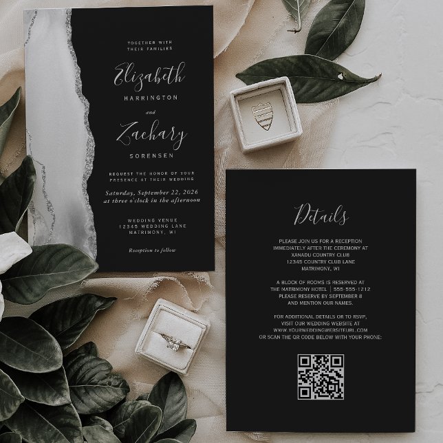 Convite Gray White Silver Agate Slate QR Code Wedding (Criador carregado)