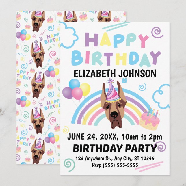Convite Great Dane Birthday Invitation (Frente/Verso)