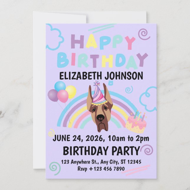 Convite Great Dane Birthday Invitation in Purple (Frente)