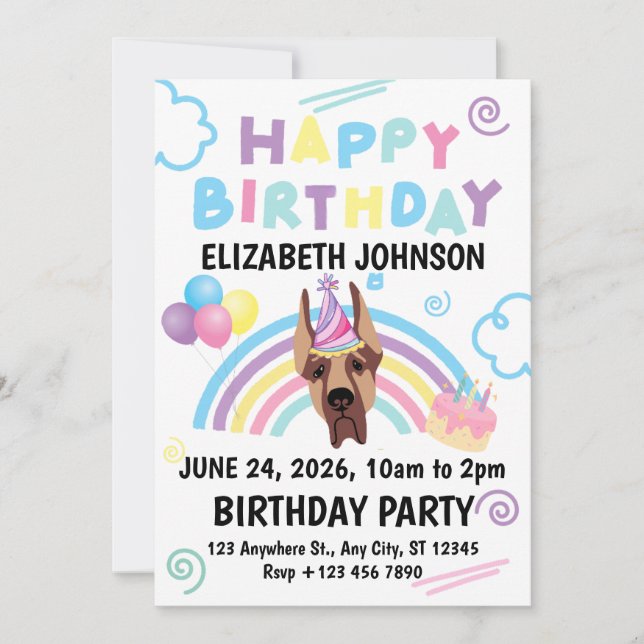 Convite Great Dane Birthday Invitation in White (Frente)