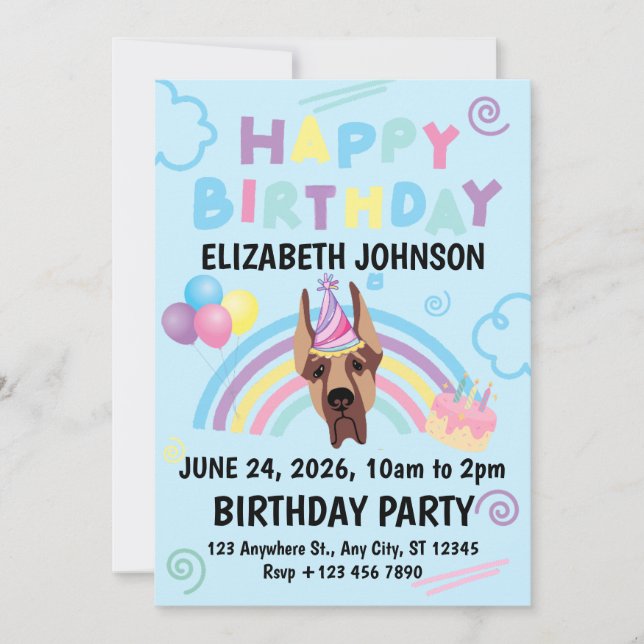 Convite Great Dane Birthday Party Invitation Blue (Frente)