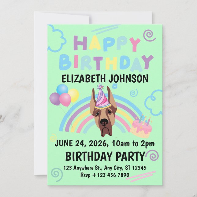 Convite Great Dane Birthday Party Invitation Green (Frente)