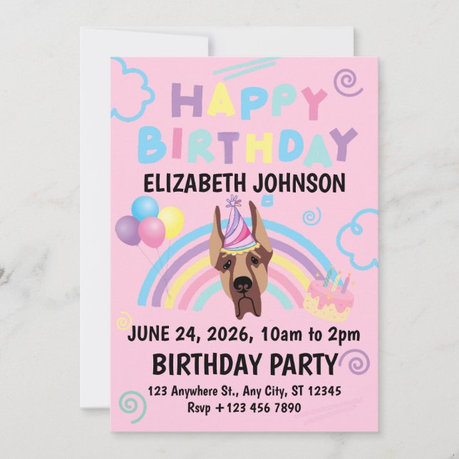 Convite Great Dane Birthday Party Invitation Pink (Frente)