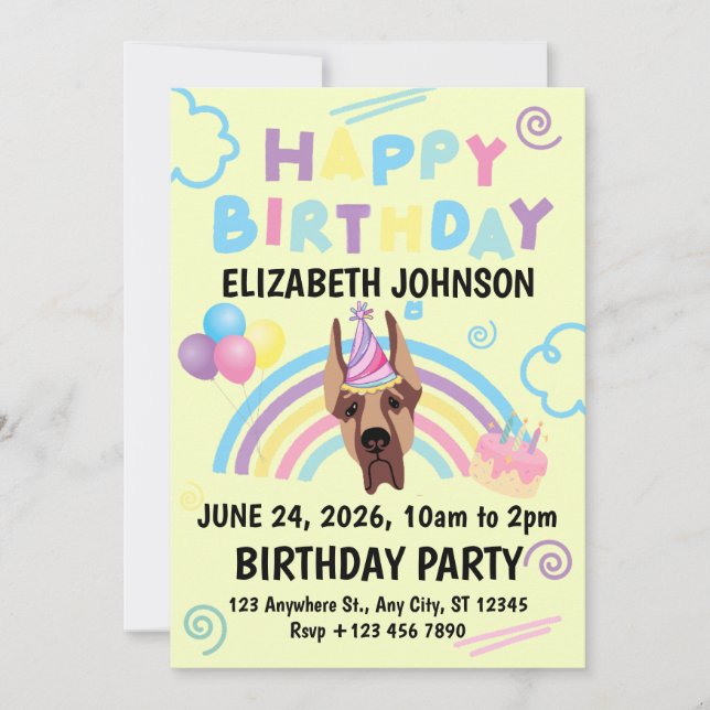 Convite Great Dane Birthday Party Invitation Yellow (Frente)