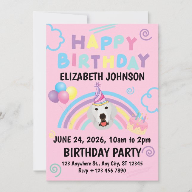Convite Great Pyrenees Birthday Invitation Pink (Frente)