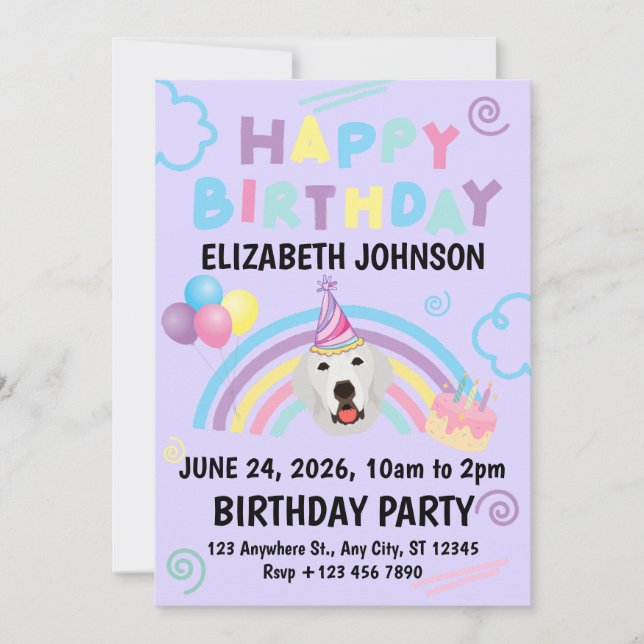 Convite Great Pyrenees Birthday Party Invitation Purple (Frente)