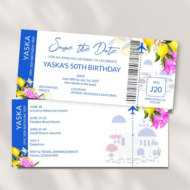 Convite Grécia Destino aniversário salvar a data (Greece Destination birthday party save the date Invitation boarding pass ticket invite card template)