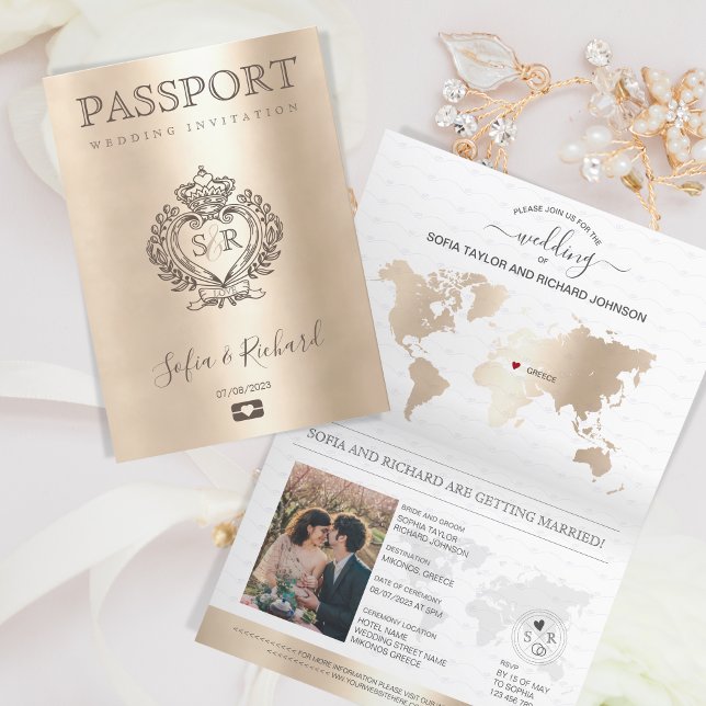 Convite Grécia do Mapa Mundial Dourado do Passaporte de De (custom crest wedding passport)