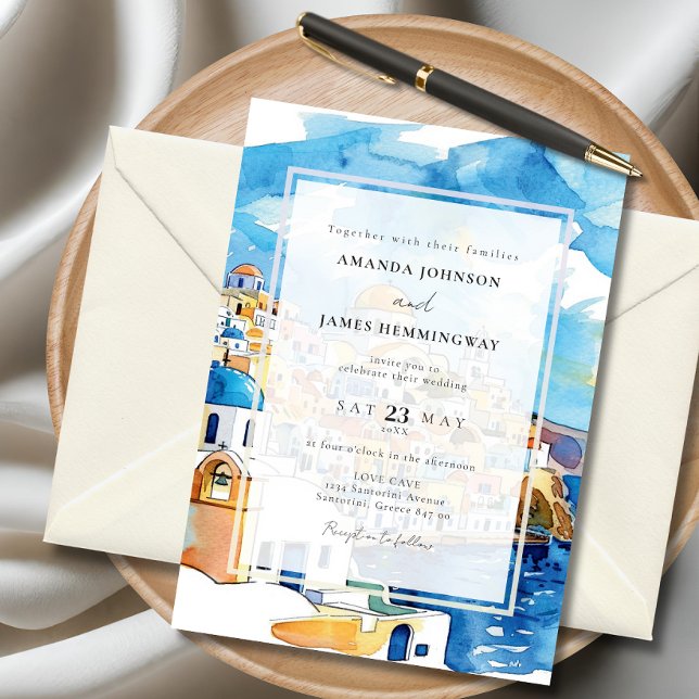 Convite Grécia Elegante Santorini Destino Azul e Branco (Elegant Santorini-inspired wedding invitation featuring watercolor artwork of Greek architecture.)