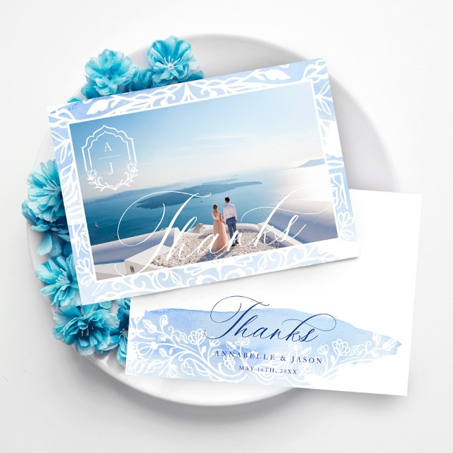 Convite Grécia Obrigados Casamento Script Monograma Foto (Greece Wedding Thanks Script Monogram Photo Invitation)