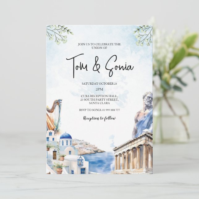 Convite Grécia Santorini Destino de Casamento (Em pé/Frente)