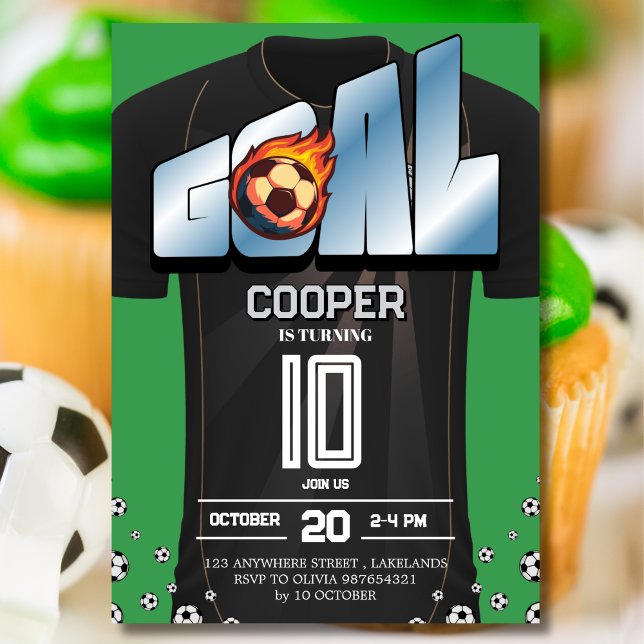 Convite Green and Black Soccer Shirt Birthday Party  (Criador carregado)