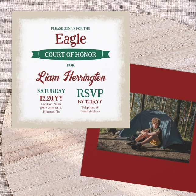 Convite Green and Burgundy Eagle Scout Court of Honor (green and burgundy red eagle scout court of honor invitation with photo and banner ribbon)