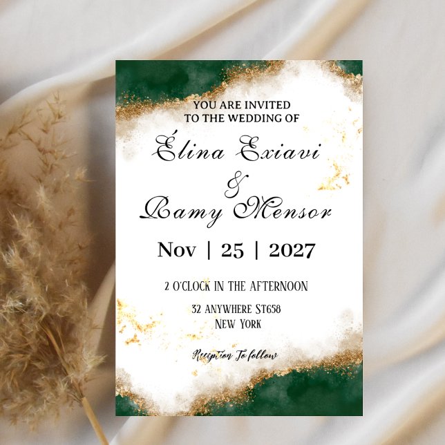 Convite Green and gold marble original wedding invitation  (Criador carregado)