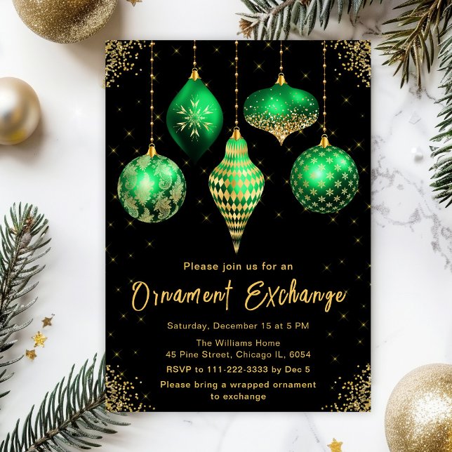 Convite Green and Gold Ornament Exchange Party (Criador carregado)