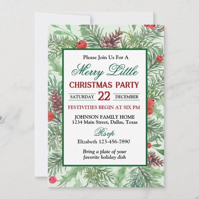 Convite Green and Red Holly Border Christmas Party (Frente)