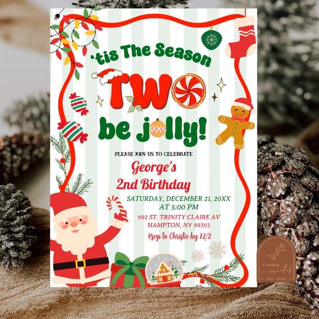 Convite Green and Red Retro Christmas Winter 2nd Birthday (Criador carregado)