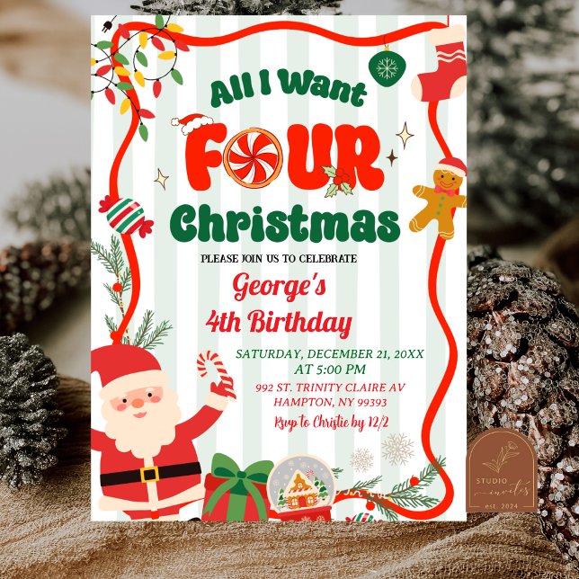Convite Green and Red Retro Christmas Winter 4th Birthday (Criador carregado)