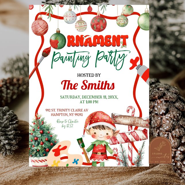 Convite Green and Red Retro Kid's Ornament Painting Party (Criador carregado)