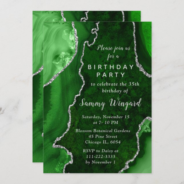 Convite Green and Silver Agate Marble Birthday Party (Frente/Verso)