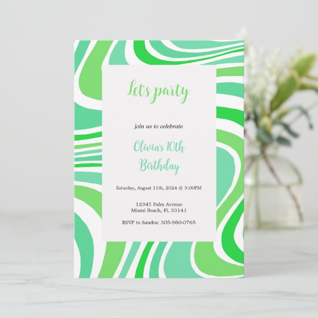Convite green and turquoise groovy invitation (Em pé/Frente)
