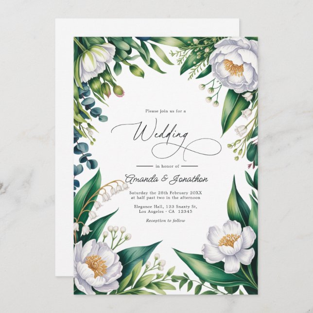 Convite Green and White Botanical Floral Wedding QR Code (Frente/Verso)