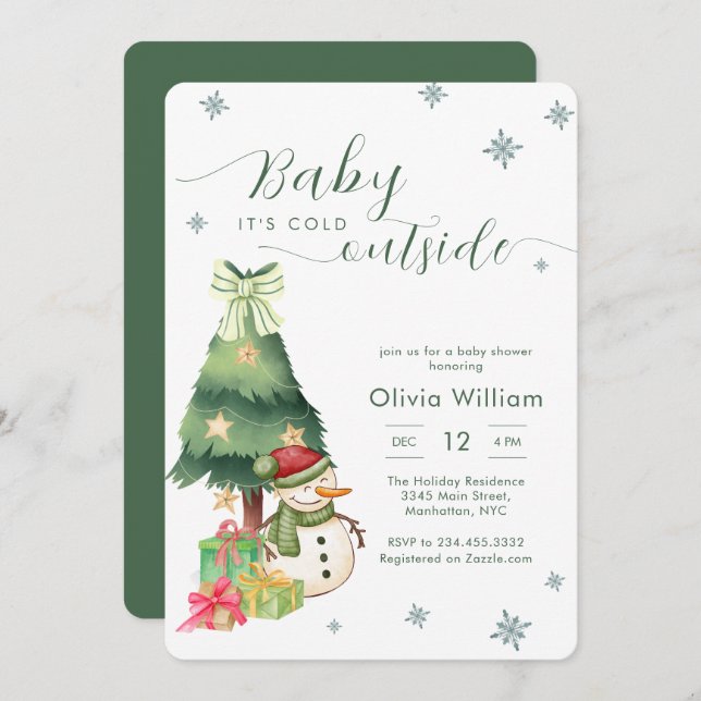 Convite Green Baby It's Cold Outside Snowman Baby Shower (Frente/Verso)