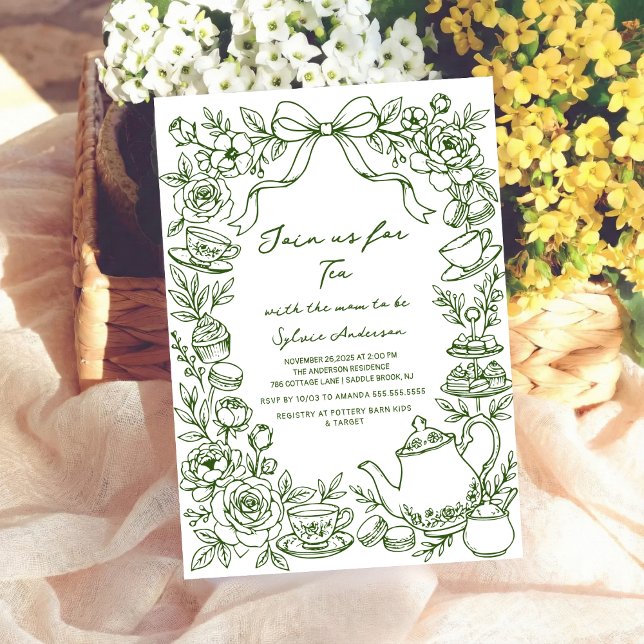 Convite green baby shower tea bow hand drawn (Criador carregado)