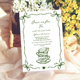 Convite green baby shower tea bow hand drawn