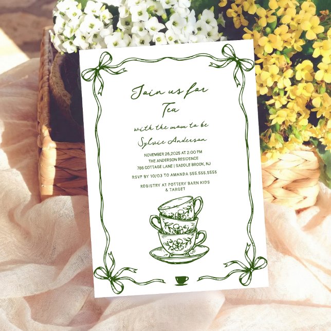 Convite green baby shower tea bow hand drawn (Criador carregado)