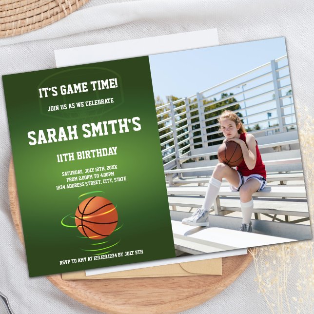 Convite Green Basketball Birthday Invitations with photo (Green Basketball Birthday Invitations with photo)