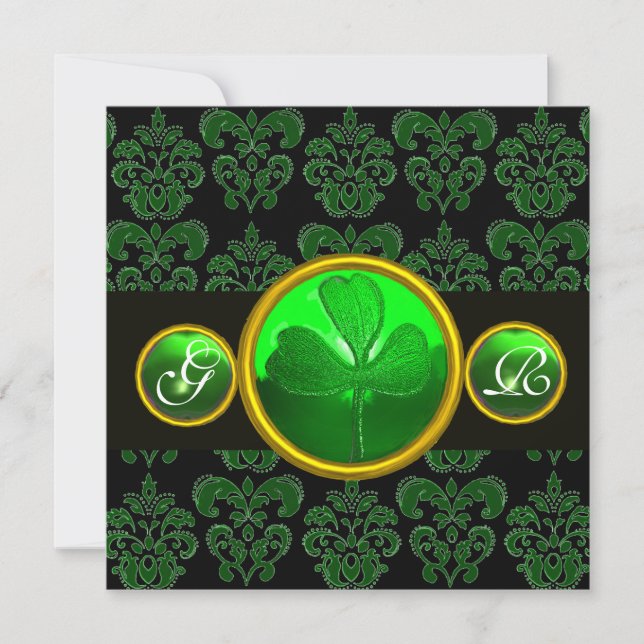 CONVITE GREEN BLACK DAMASK COM SHAMROCK EMERALD MONOGRAM (Frente)