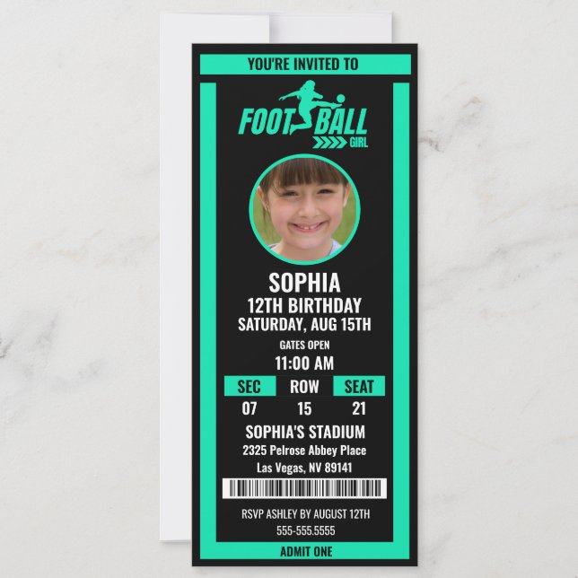 Convite Green Black Football Ticket Birthday Photo (Frente)