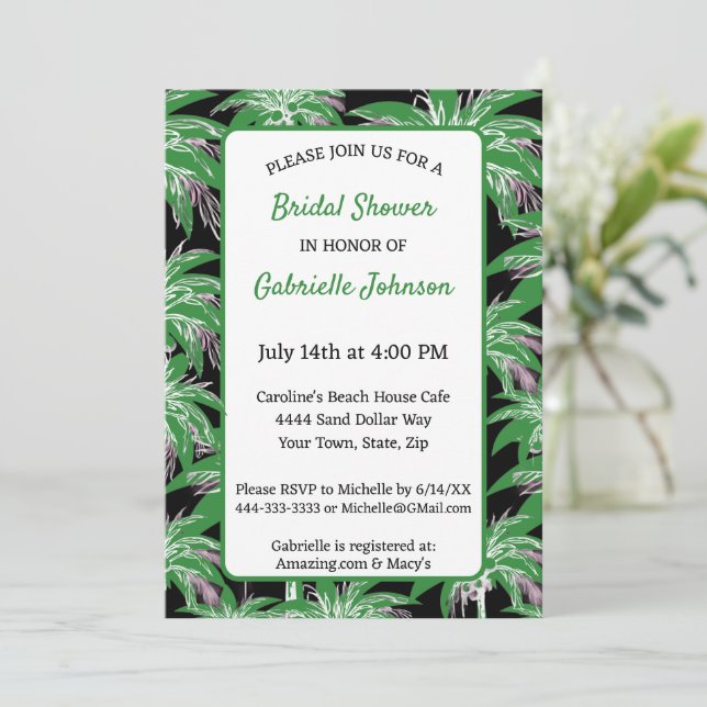 Convite Green Black Palm Tree Modern Summer Shower Party (Em pé/Frente)