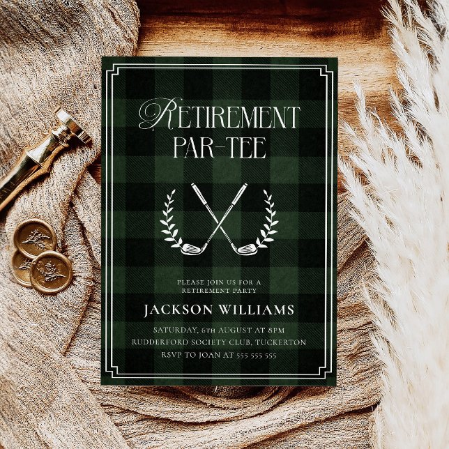 Convite Green & Black Plaid Golf Retirement Party (Criador carregado)