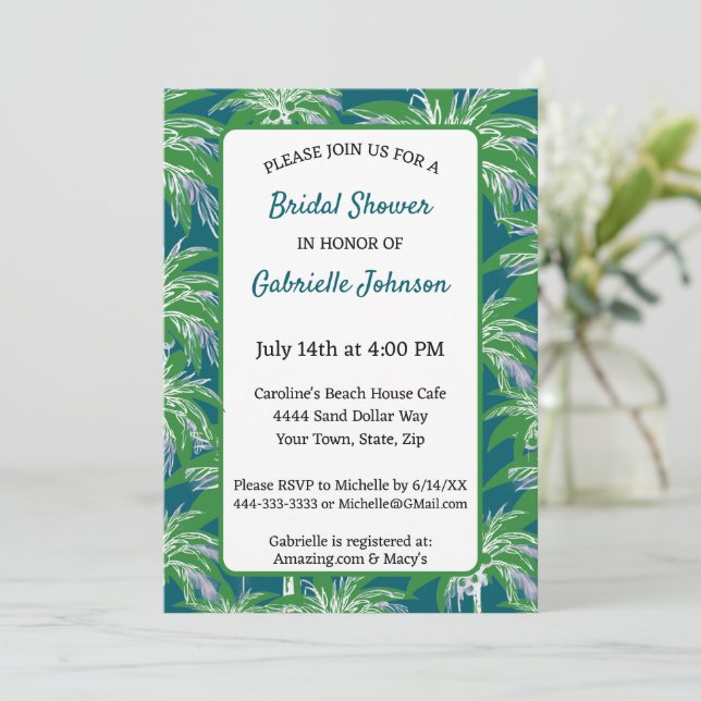 Convite Green Blue Palm Tree Modern Wedding Shower Party (Em pé/Frente)