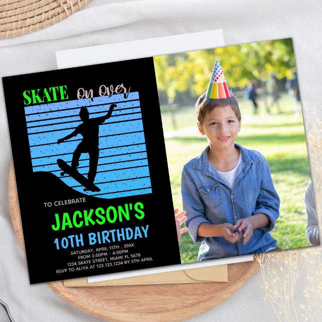 Convite Green Blue Skateboards Birthday Invitations photo (Green Blue Skateboards Birthday Invitations)