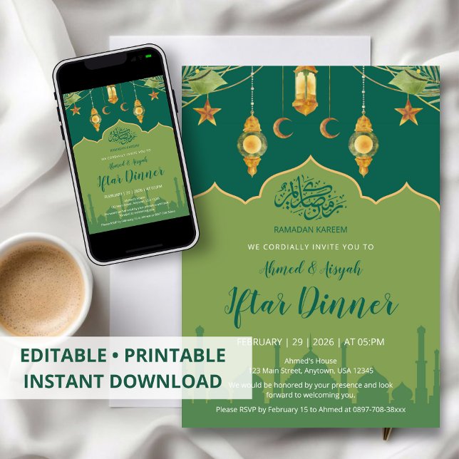 Convite Green Botanical Mosque and Gold Lanterns Iftar (Criador carregado)