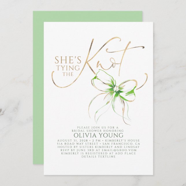 Convite Green Bow Elegant Modern Minimalist Bridal Shower (Frente/Verso)