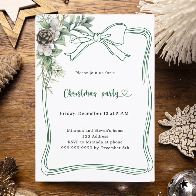 Convite Green bow pine greenery Christmas Party (Criador carregado)
