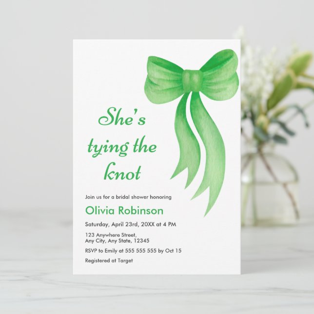 Convite Green Bow She's Tying the Knot Bridal Shower   (Em pé/Frente)