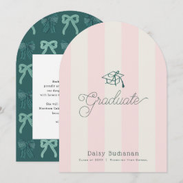 Convite Green Cap Pink Stripes Bow Graduation Announcement