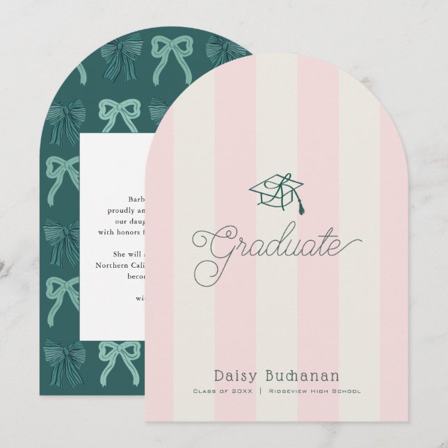 Convite Green Cap Pink Stripes Bow Graduation Announcement (Frente/Verso)