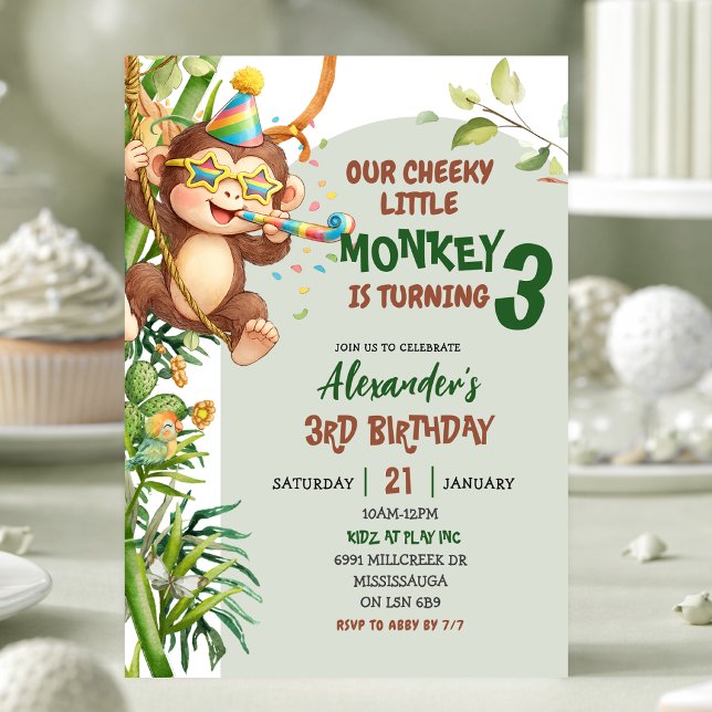Convite Green Cheeky Little Monkey Savannah Theme Birthday (Criador carregado)