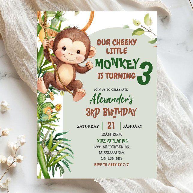 Convite Green Cheeky Little Monkey Savannah Theme Birthday (Criador carregado)