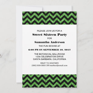 Convite Green Chevron Glitter Sweet 16 Party Invite