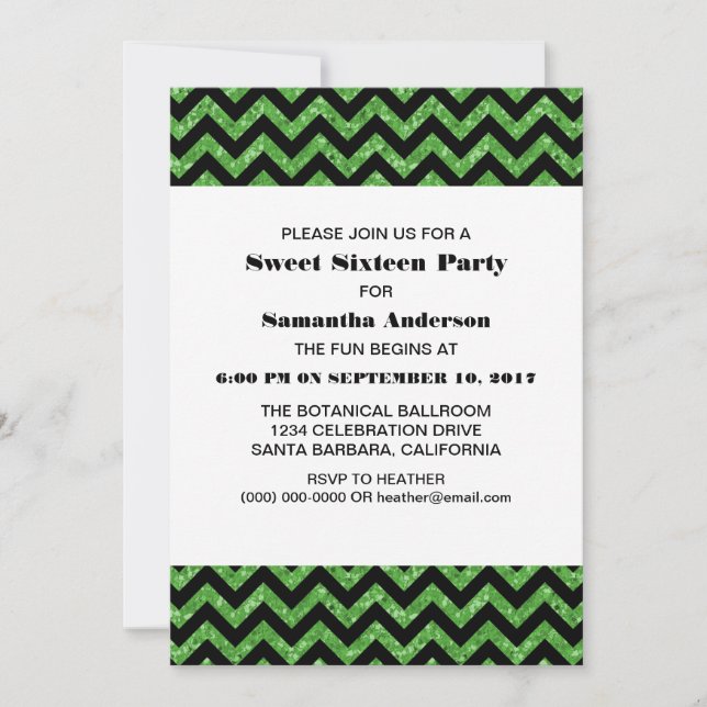 Convite Green Chevron Glitter Sweet 16 Party Invite (Frente)
