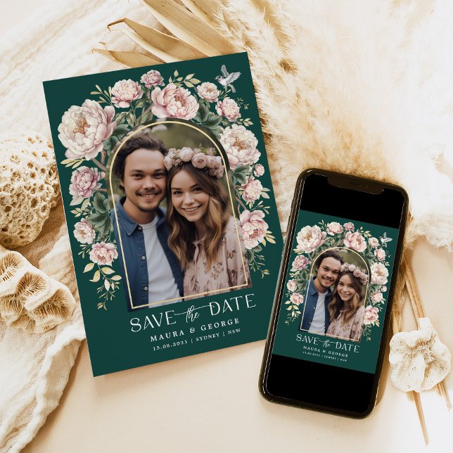 Convite Green Chinoiserie Floral Bird Photo Save the Date (Criador carregado)