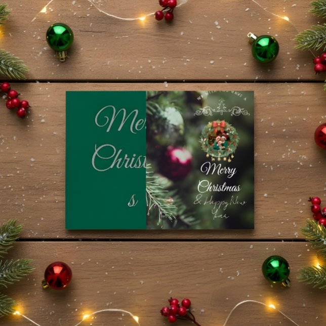 Convite Green Christmas Card with Family Photo (Criador carregado)